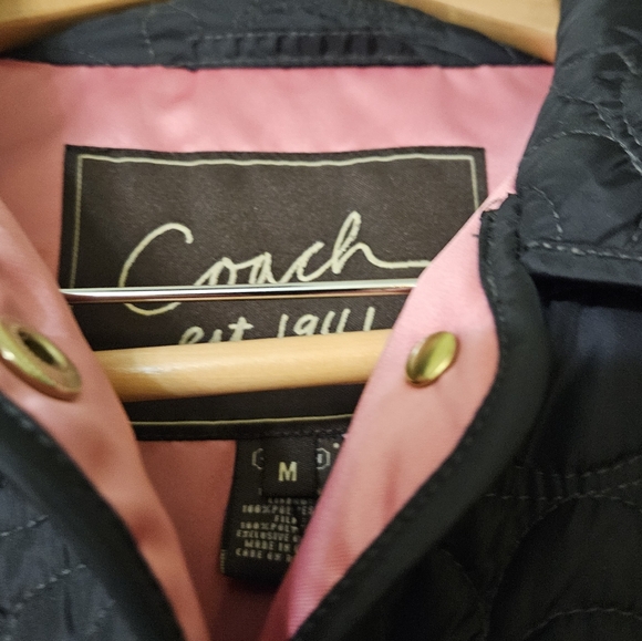 Coach Black Quilted Logo C Jacket Coat Button Front Pink Lining - Picture 4 of 12